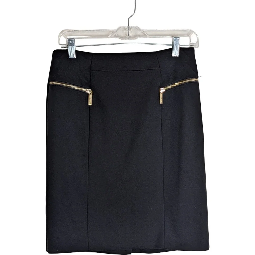 Michael Kors Pencil Skirt Womens 8 Black Gold Zipper Accents Knee Length Stretch